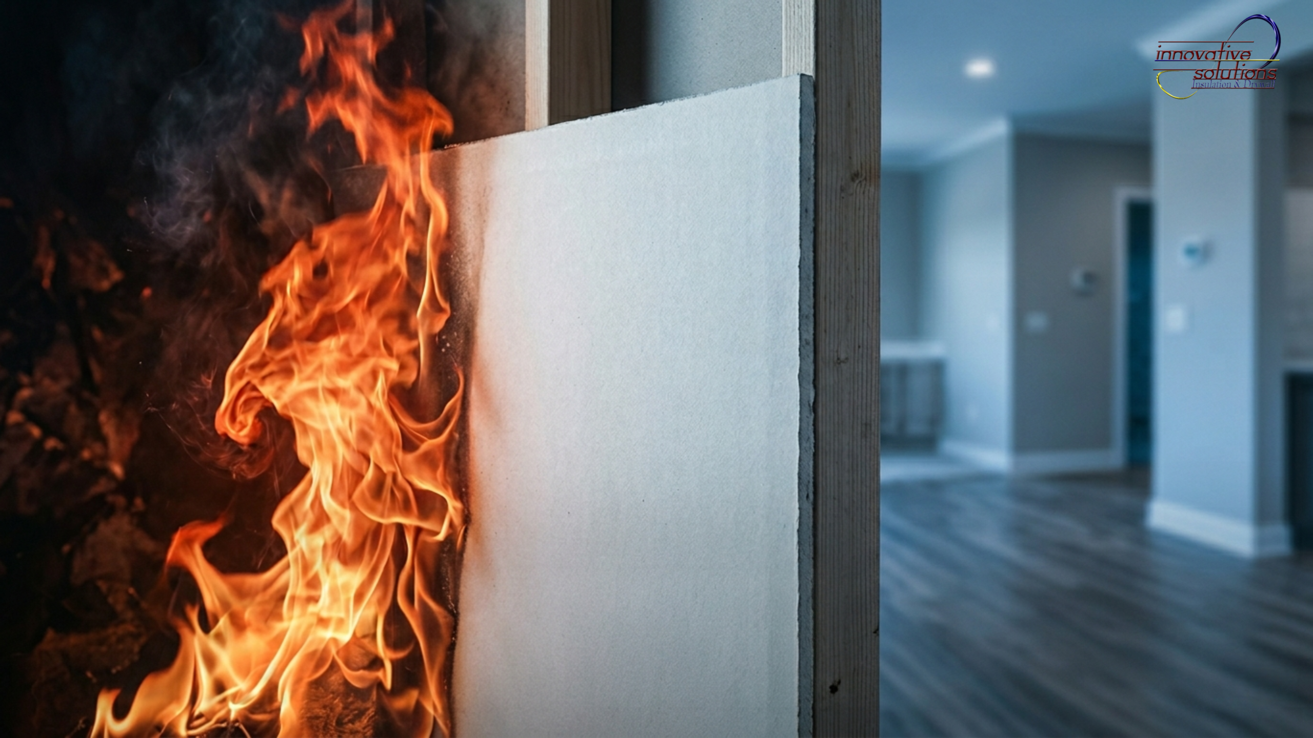 A dramatic cross-section of a residential interior wall demonstrating fire resistance. On the left, vibrant orange and red flames roar against a whitish-gray drywall panel, which remains structurally intact and blocks the fire. On the right, the safe side of the wall opens up to a cool, blue-toned, and unaffected home interior with soft studio lighting.
