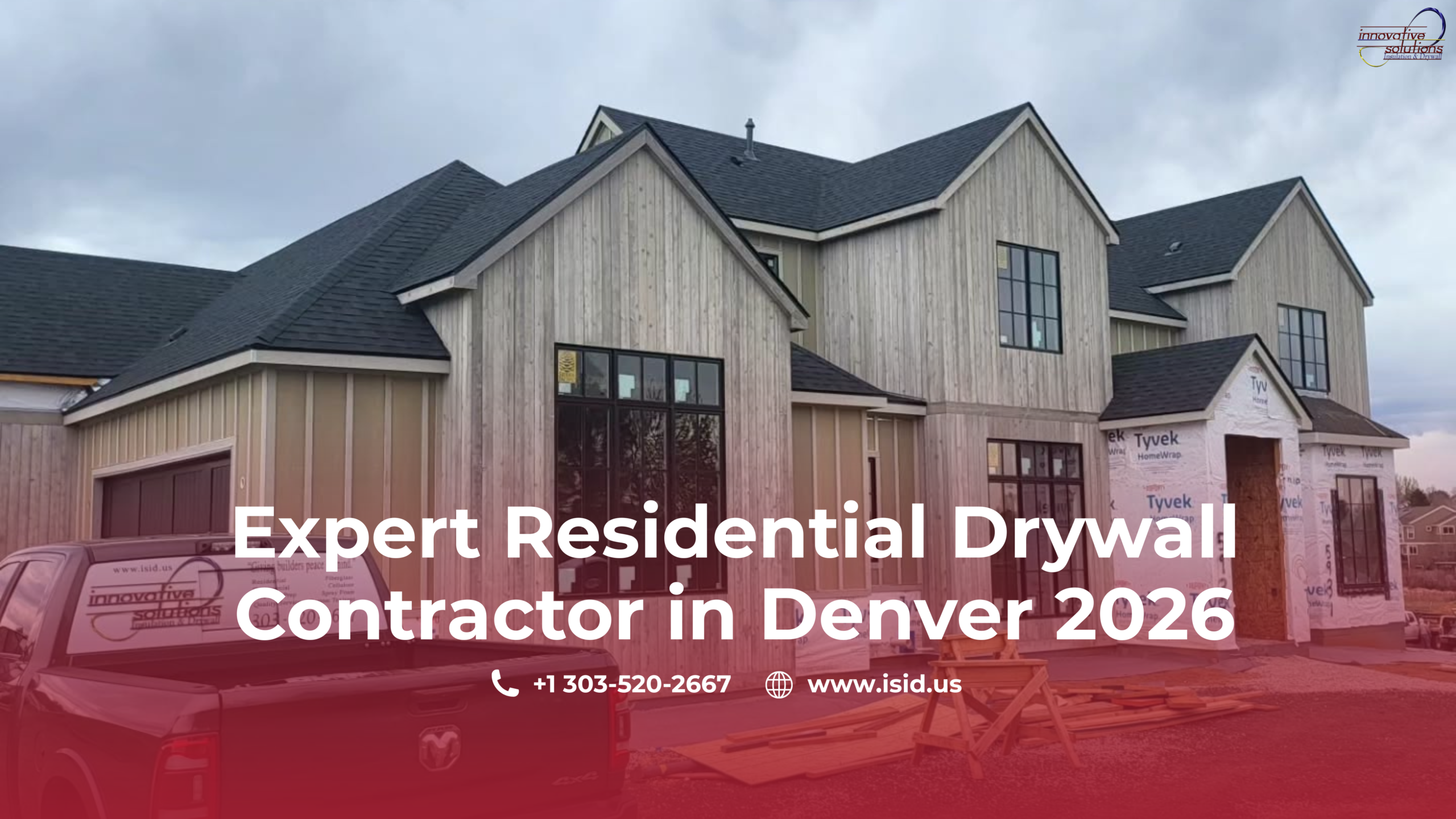 Modern custom home under construction in Denver with expert residential drywall contractor services by Innovative Solutions, specializing in drywall installation, finishing, and new home construction.